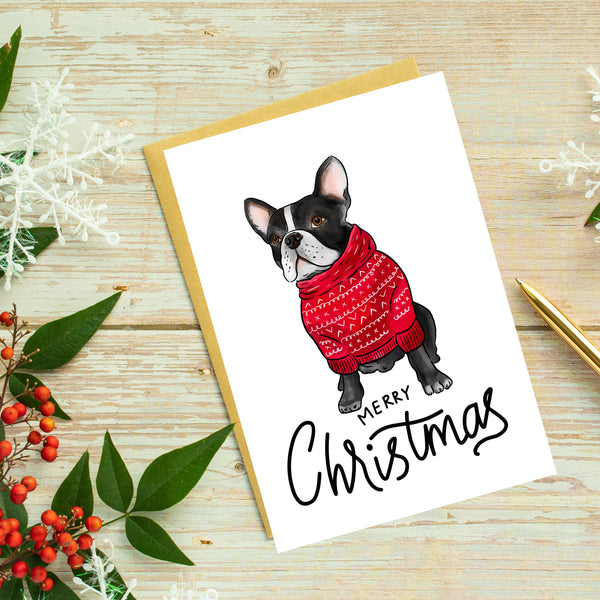 Boston Terrier in Jumper Sweater Christmas Card