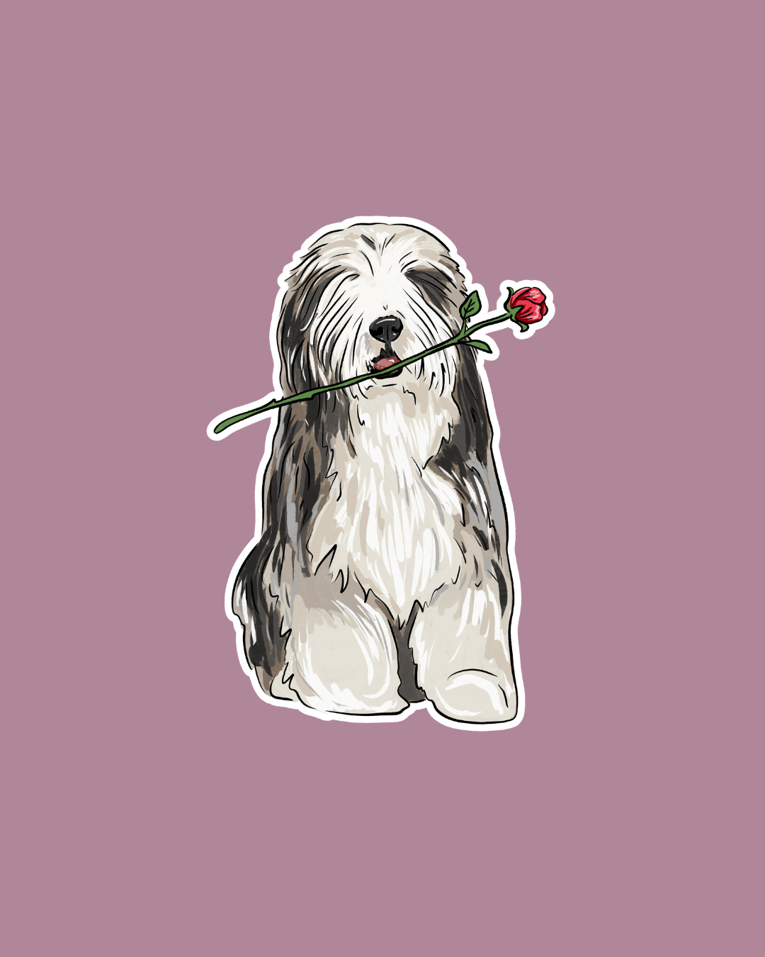 Old English Sheepdog Sticker with rose