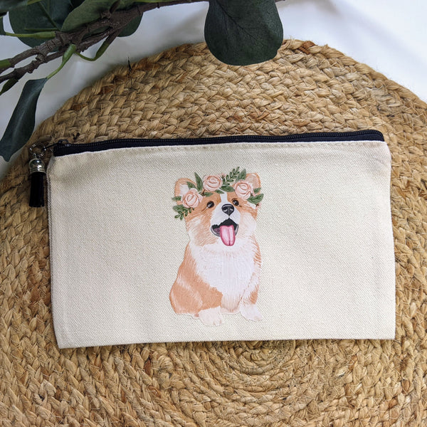 Floral Corgi Dog zip up bag