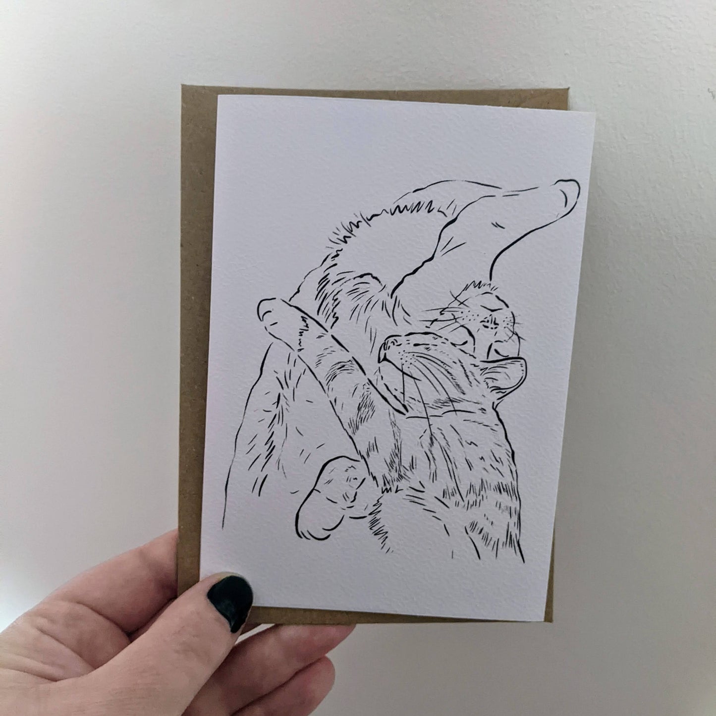 Line Art Cuddling Cat Greetings Card