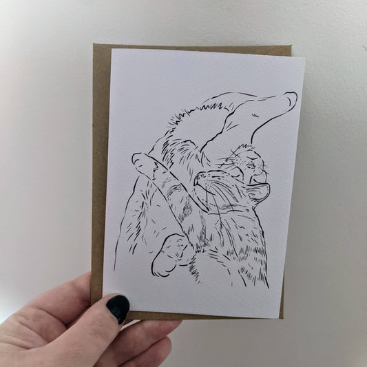 Line Art Cuddling Cat Greetings Card